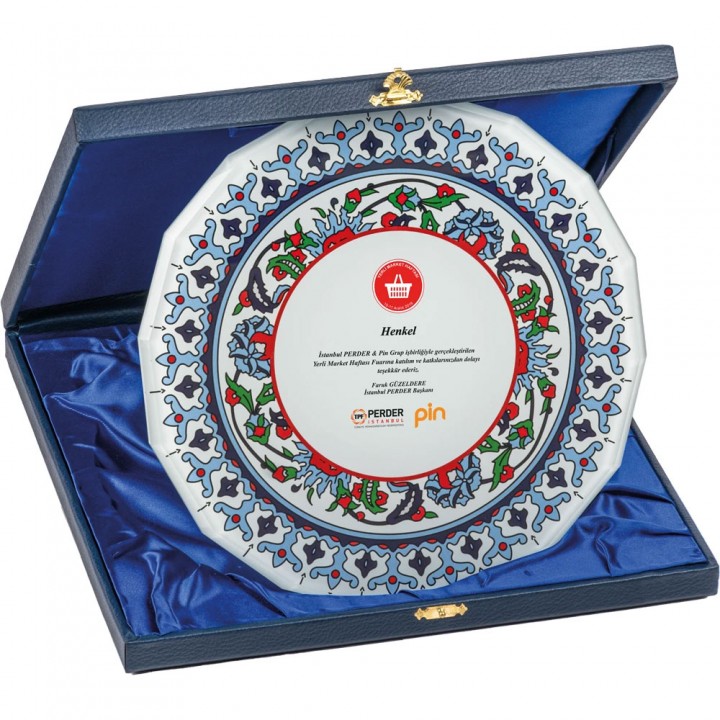 25x25 cm Deri Kutulu Yuvarlak Kristal Cam Kurumsal İş Birliği Teşekkür Plaketi